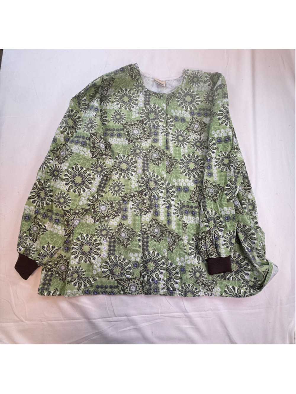 Tafford Snap Front Scrub Jacket Women's 3X Green Medallion Print Long Sleeve